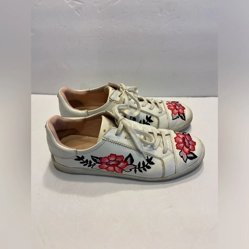 KATE SPADE EVERHART FLORAL LEATHER SHOES EMBROIDERED WHITE SNEAKERS SIZE 9.5
